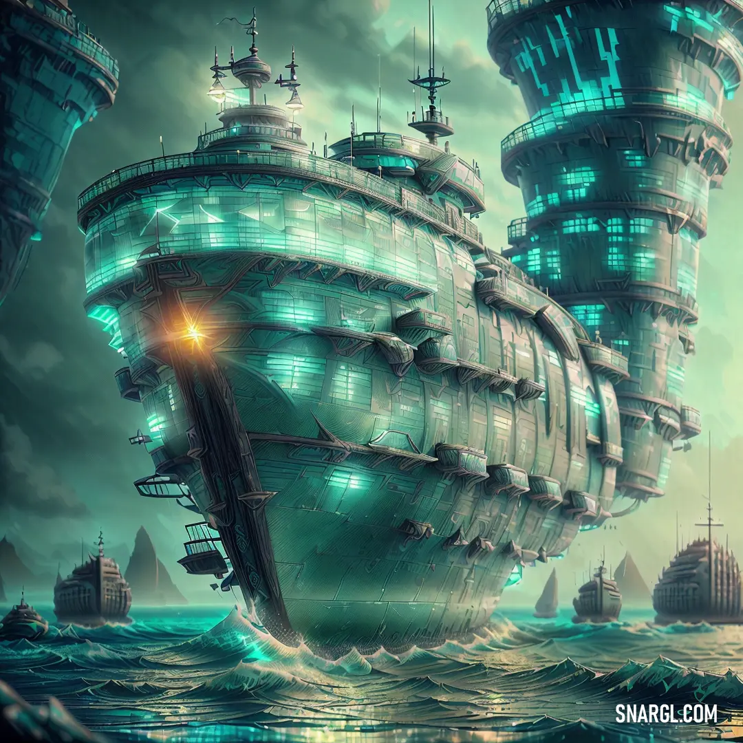 Large ship floating on top of a body of water next to tall buildings in the ocean with lights on