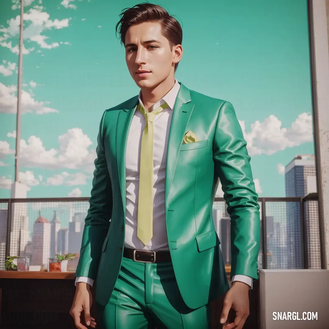 Man in a green suit and tie standing in front of a window with a city skyline in the background. Color CMYK 66,0,24,29.