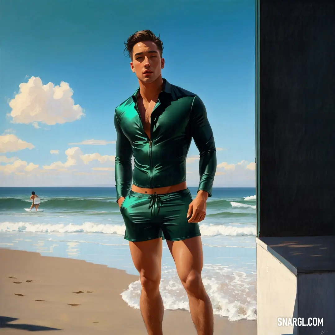 Man in green swimsuit standing on a beach next to the ocean with his hands on his hips