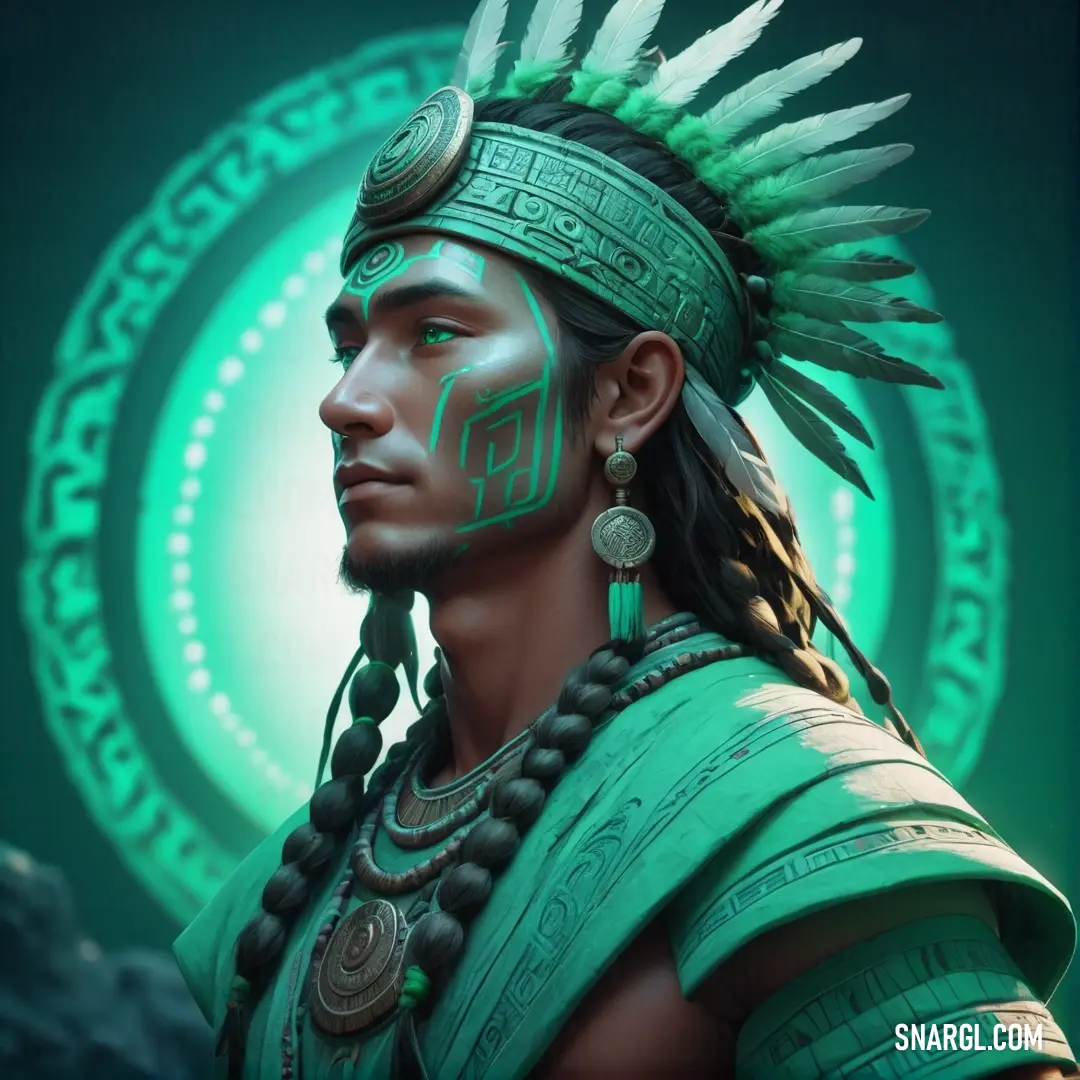 Man with a green headdress and feathers on his head and a green circle behind him with a circular design. Color RGB 62,180,137.
