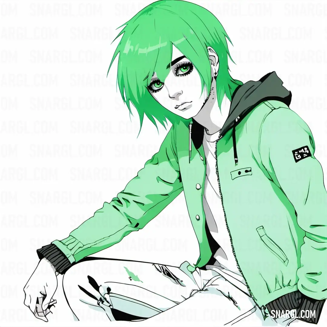 Drawing of a person with green hair and a green jacket on down with his hands on his knees. Example of RGB 62,180,137 color.