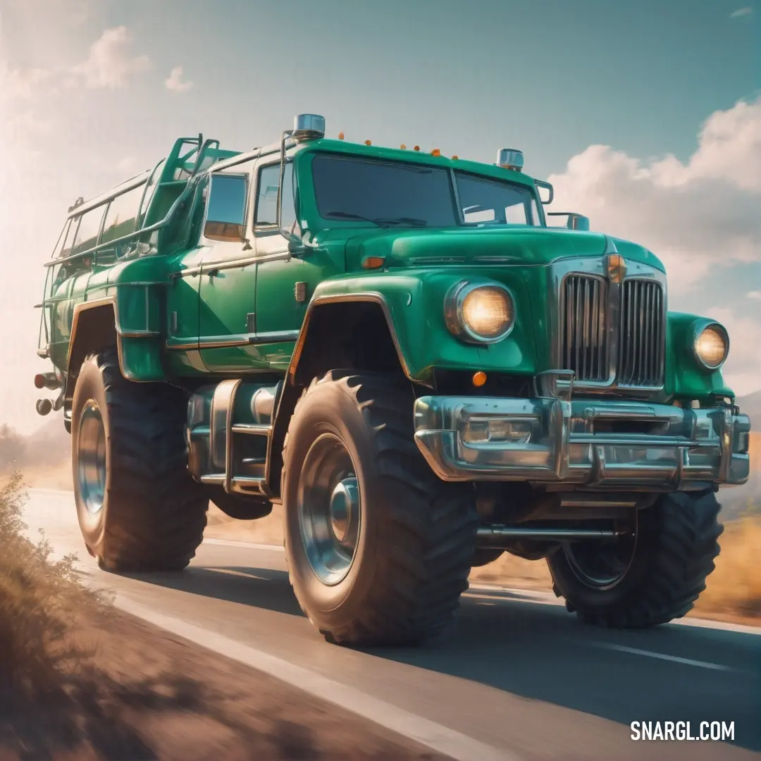 Green truck driving down a road next to a forest filled with trees and bushes on a sunny day. Color CMYK 66,0,24,29.