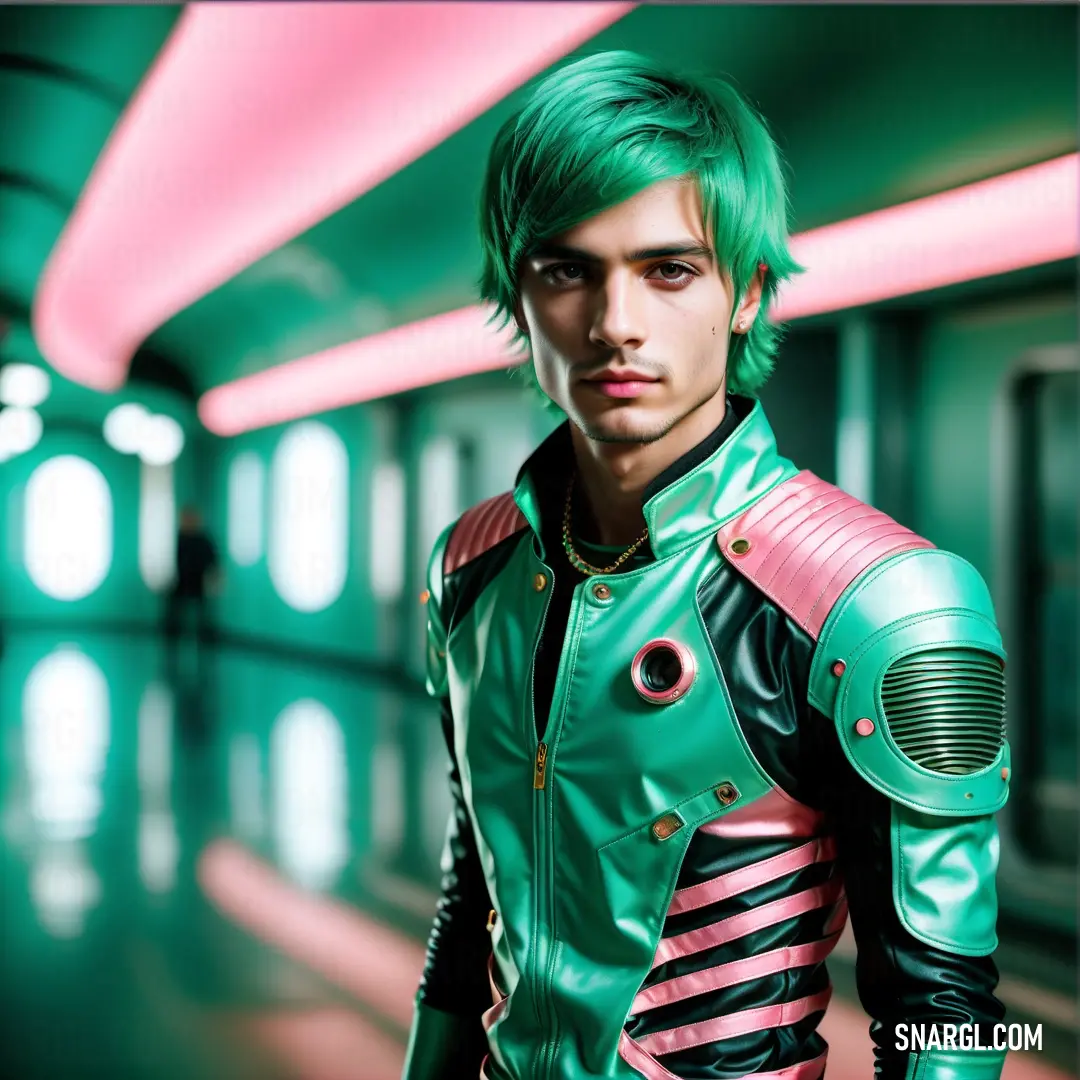 Mint color. Man with green hair and a green suit in a hallway with neon lights on the ceiling