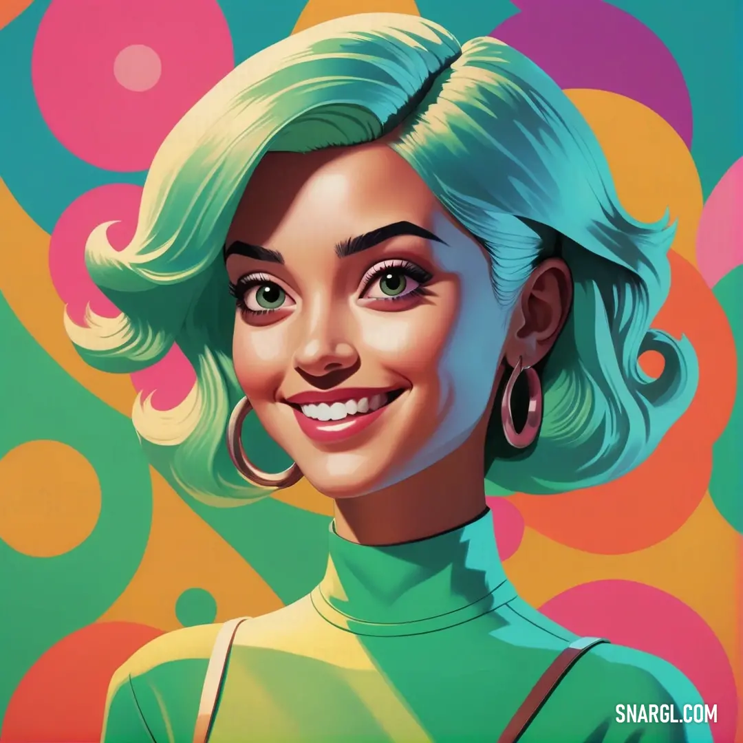 Painting of a woman with green hair and earrings on her face and a colorful background. Color CMYK 66,0,24,29.