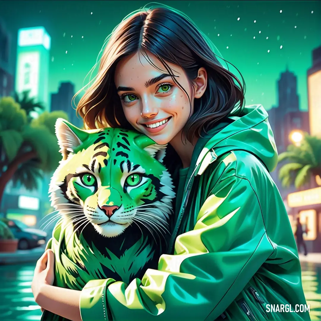 Woman holding a green tiger in her arms in front of a cityscape with palm trees and buildings. Example of RGB 62,180,137 color.