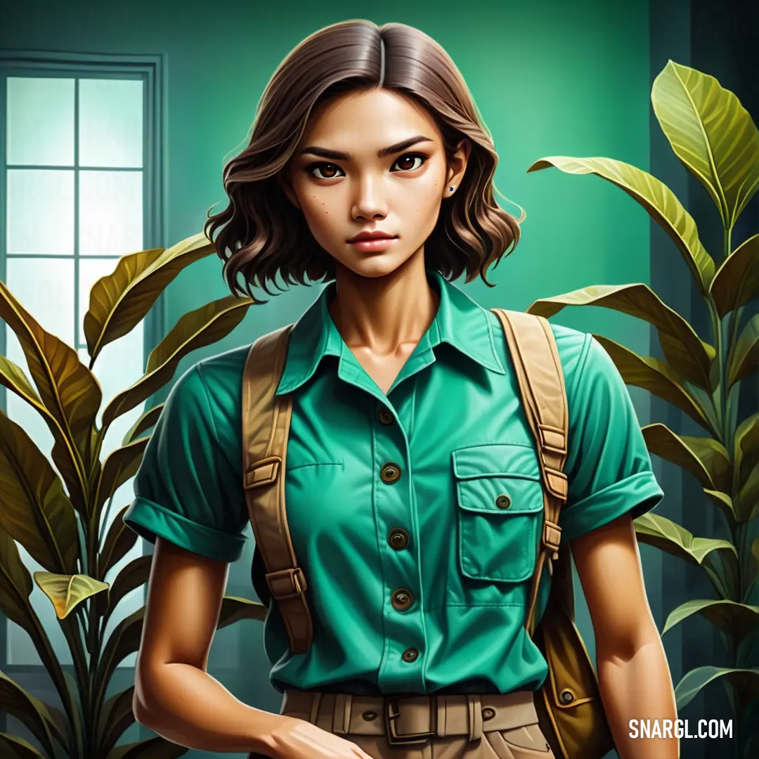 Mint color example: Woman in a green shirt and tan pants holding a green plant in her hand