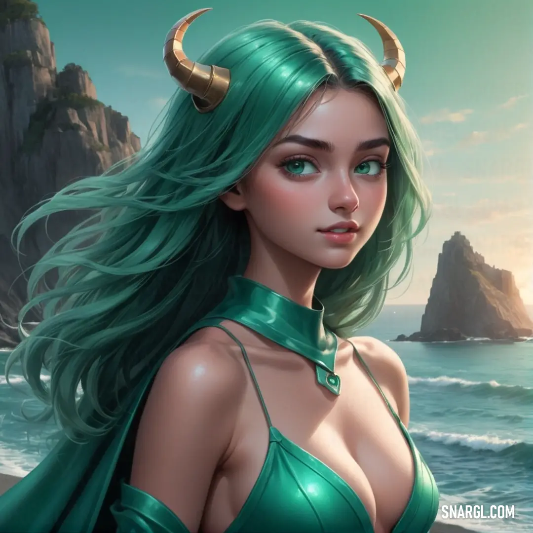 Woman with green hair and horns standing on a beach next to the ocean with a rock formation in the background. Example of Mint color.