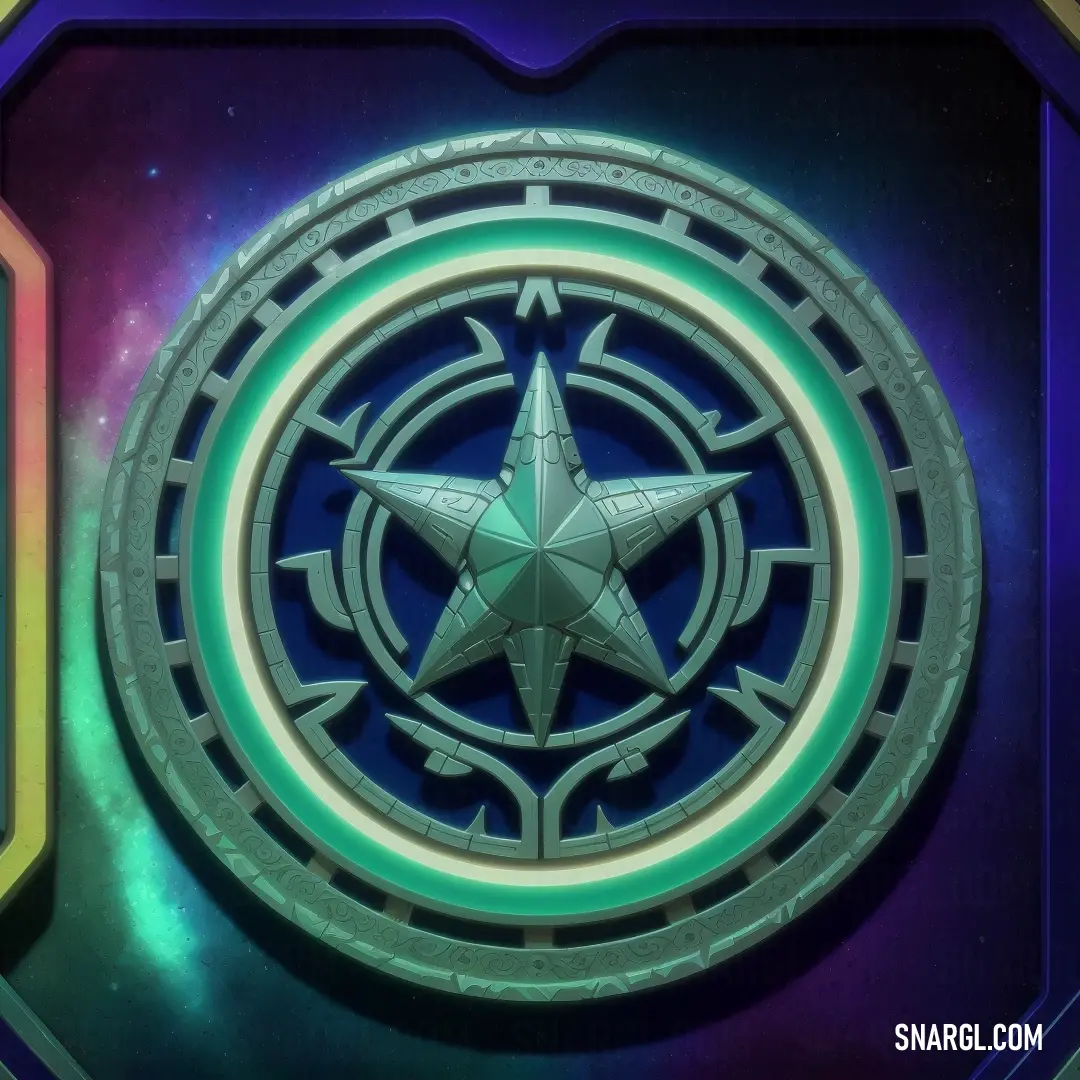 Star trek emblem on a purple and green background with a blue circle around it