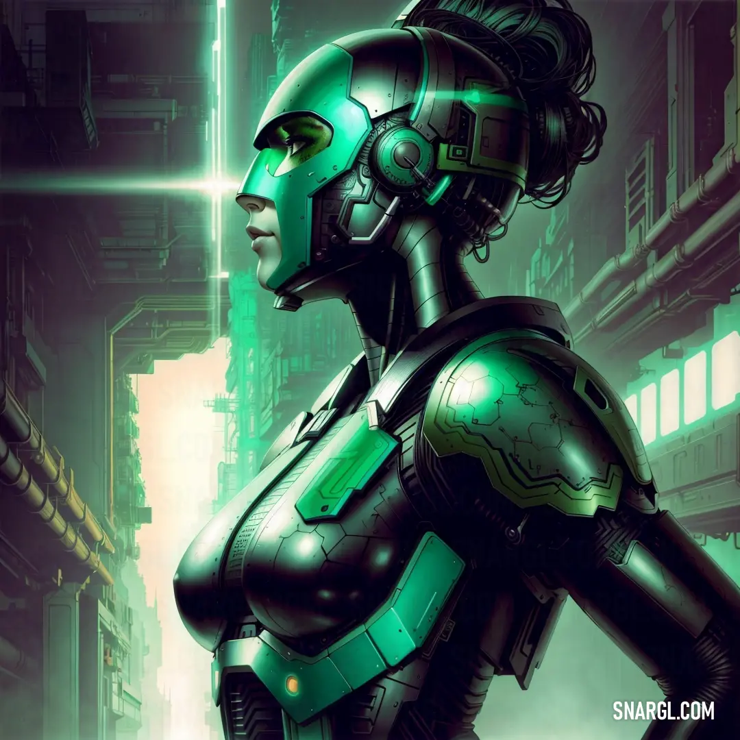 Woman in a futuristic suit standing in a city street with a green light on her face