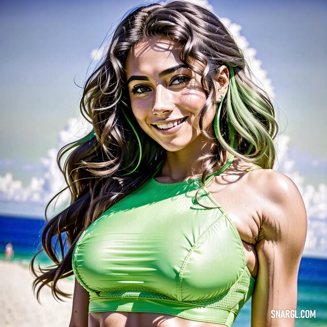 Woman in a green bikini top standing on a beach with a blue sky in the background and a white sand dune