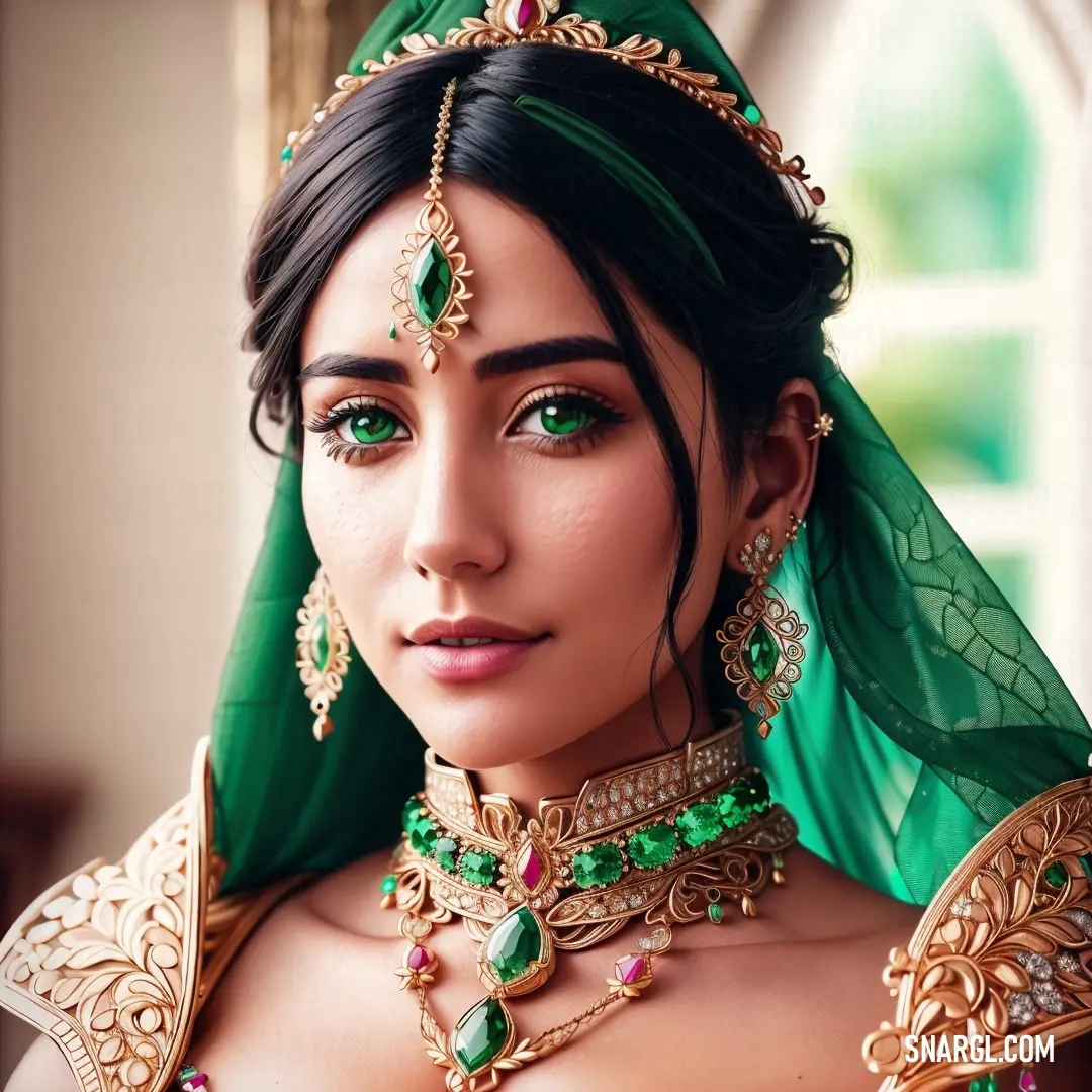 Woman in a green veil and green jewelry is posing for a picture in a green dress and headpiece