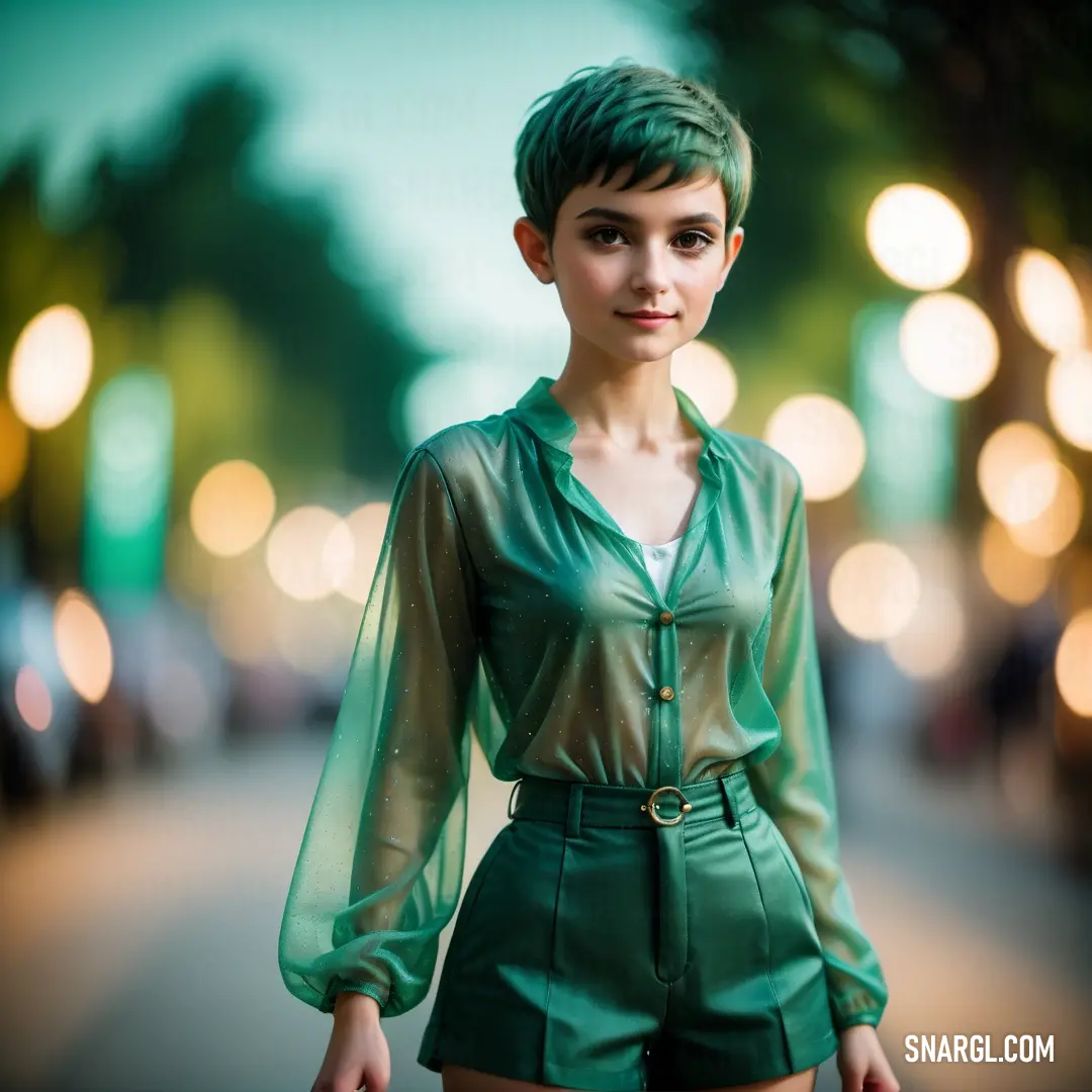 Woman with green hair and a green shirt on a street with lights in the background. Example of CMYK 66,0,24,29 color.