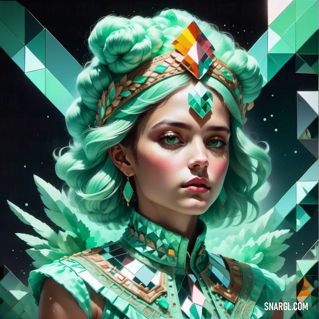 Woman with green hair and a green dress with a diamond on her head. Example of #3EB489 color.
