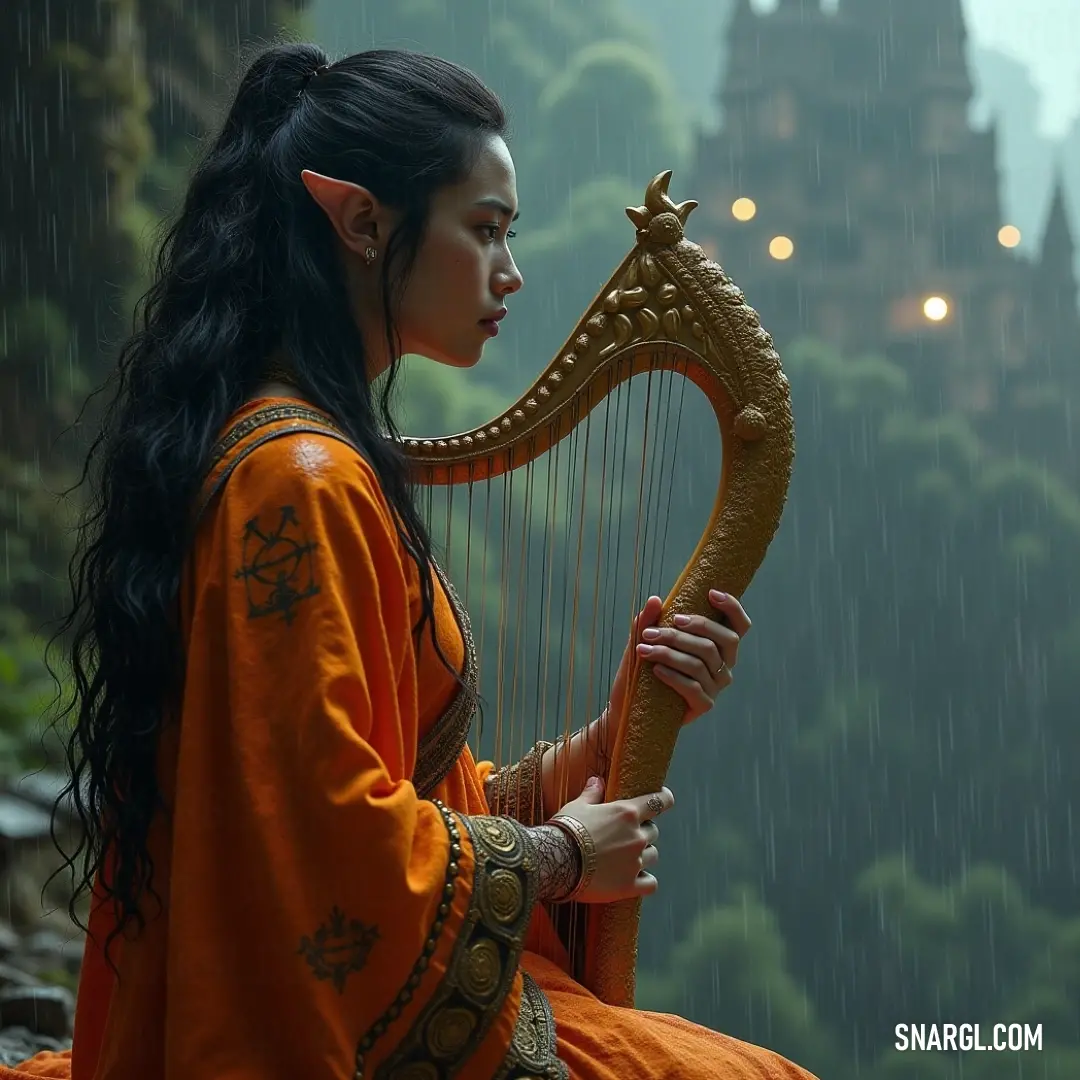 A serene figure playing a harp in a lovely orange dress, bringing music to life in a rain-kissed landscape, where dreams and reality blend seamlessly. In a whimsical, rain-soaked setting, a figure in a radiant orange dress strums a harp amidst a castle backdrop, creating enchanting melodies that weave through the droplets of rain, enveloping the scene in magic and nostalgia.