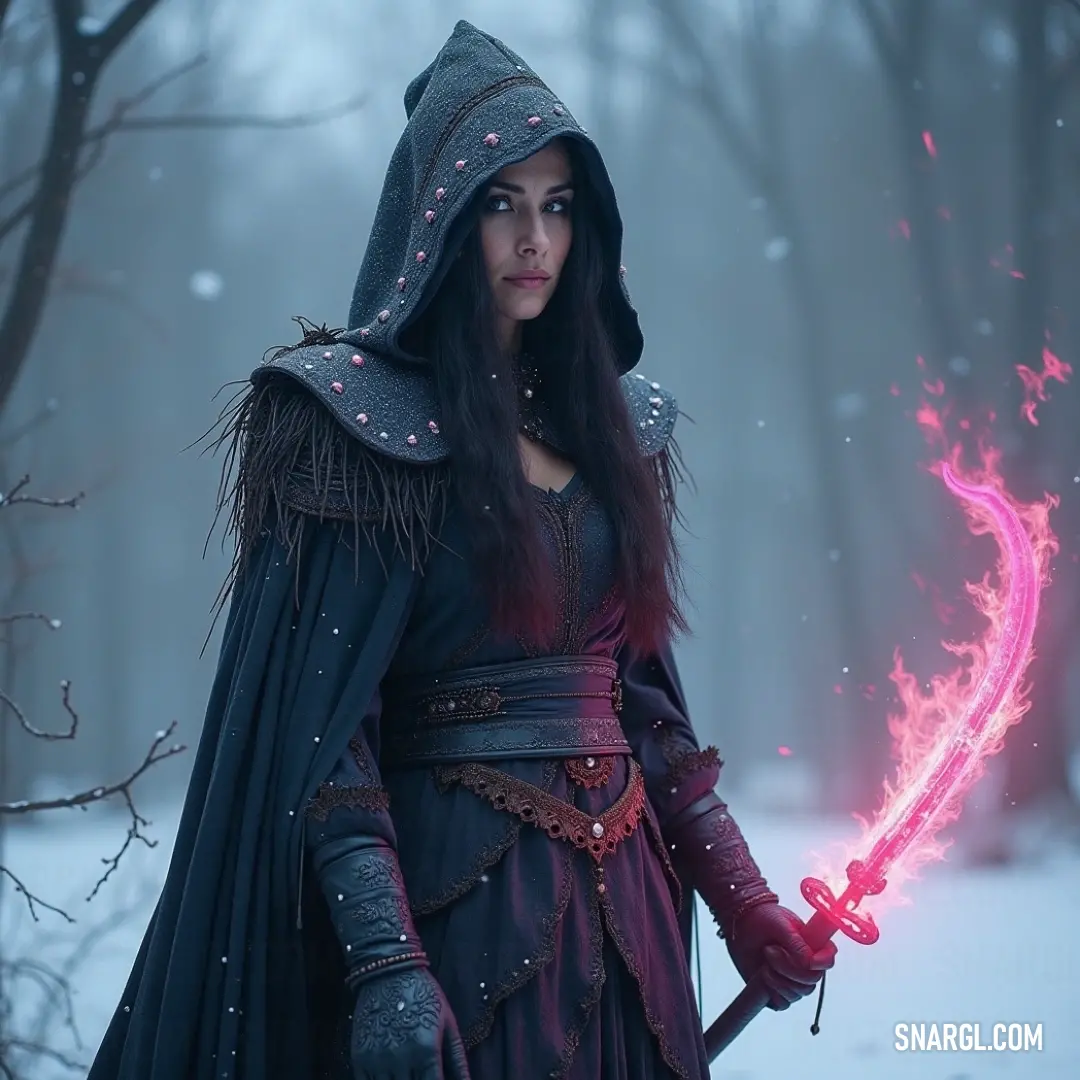 A medieval figure stands boldly in the snow, sword raised proudly against a pristine winter backdrop, embodying strength and resilience. Dressed in a medieval costume, a figure stands resolutely amidst a blanket of soft, glistening snow, holding a sword with confidence. The wintry landscape, adorned with white, creates a striking contrast to her dark attire.