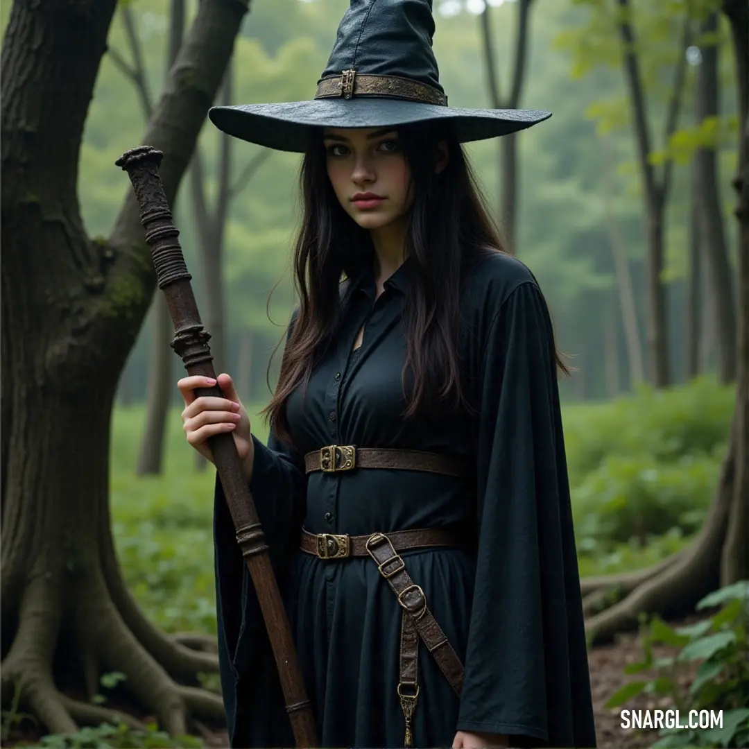 A determined woman in a mystical witch costume, holding a magical staff, standing confidently in a forest surrounded by ancient trees and a mysterious aura.