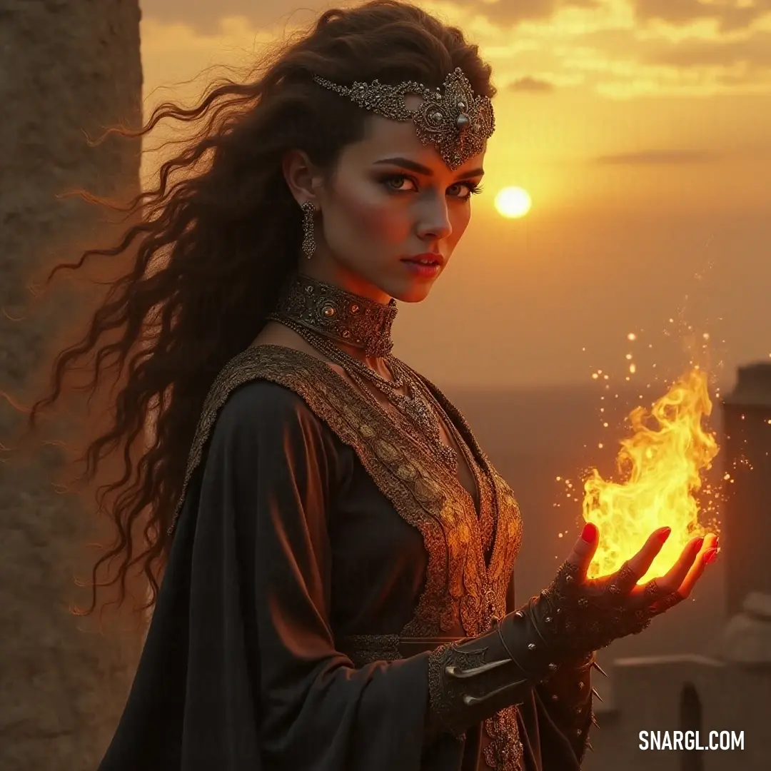 A mesmerizing figure holds a blazing fireball at sunset, surrounded by hues of gold and orange, radiating enchantment. Against a breathtaking backdrop of a sunset, a powerful presence enveloped in a vibrant costume holds a fireball aloft. The brilliant hues of orange and gold cast magical reflections, illuminating her as she stands vibrant against the dimming sky.