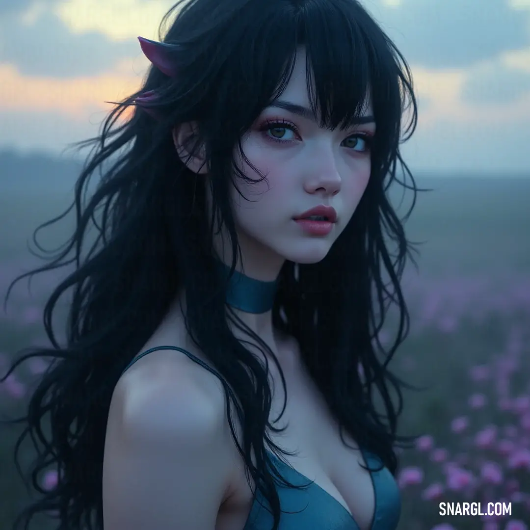A picturesque moment capturing a woman in a vivid flower field, where her beauty harmonizes with the vibrant colors of nature around her. A gorgeous young woman with flowing black hair and striking blue eyes stands amidst a radiant field of flowers, under a bright blue sky that complements her natural beauty.