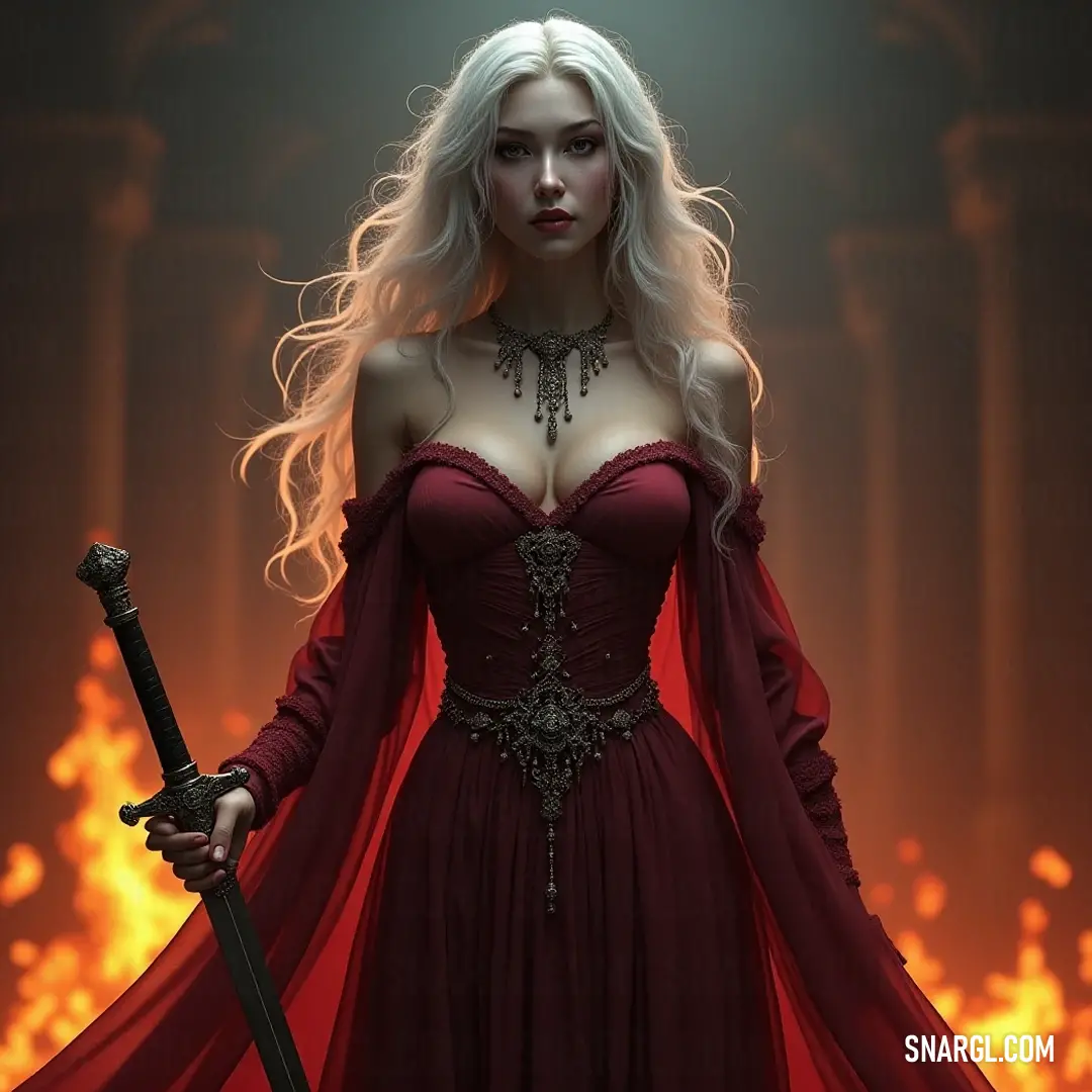 A young warrior in a striking red dress, wielding a sword with a fierce determination, her cape billowing in the wind. An enchanting depiction of a girl in a luxurious red dress, fiercely holding a gleaming sword, poised with confidence as her flowing red cape billows dramatically in the wind behind her.