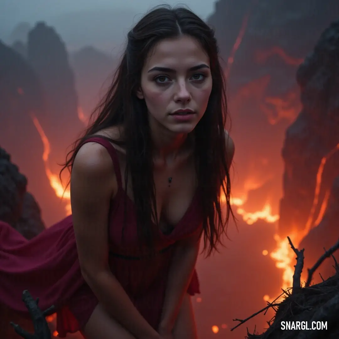An enchanting scene depicts a woman in a flowing red dress, poised on a tree branch, as flames light up the dark forest, creating an atmosphere rich with intrigue. Set against the backdrop of a dark forest, a woman in a vivid red dress perches on a gnarled tree branch. The flames flickering nearby illuminate her figure, adding a sense of danger and allure to the mystical ambiance surrounding her.