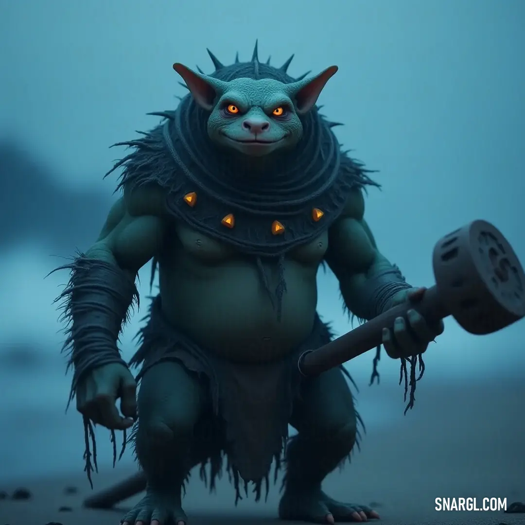 Mirk, with its glowing eyes and striking horns, stands tall embracing a hammer in a dramatic pose, ready to unleash its power within a moody fantasy landscape.