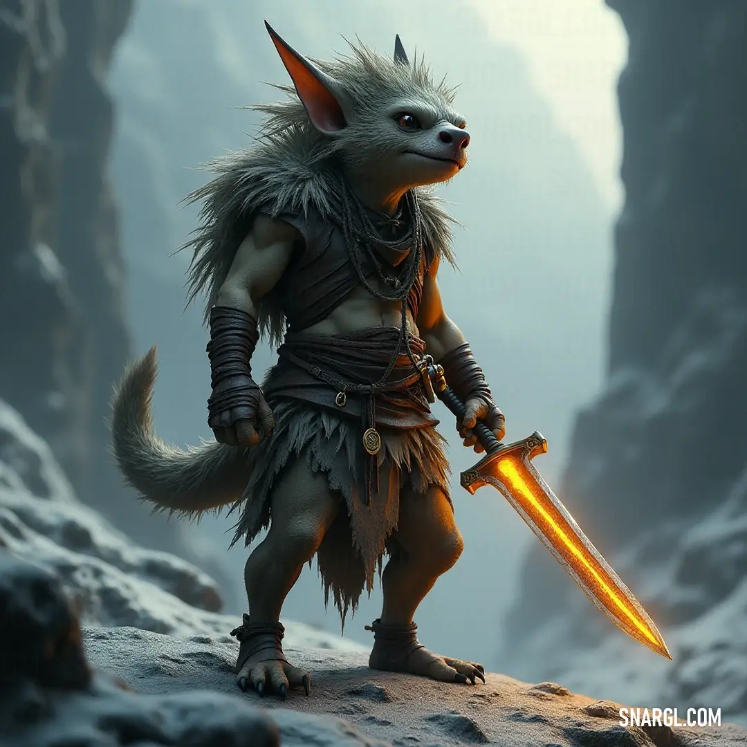 A valiant Furry Mirk brandishing a sword atop a snowy mountain in a fantasy realm. A majestic Furry Mirk stands resolutely on a snowy mountainside, sword in hand, where the pristine snow and rugged peaks create an enchanting backdrop, embodying the spirit of adventure within a fantastical winter wonderland.