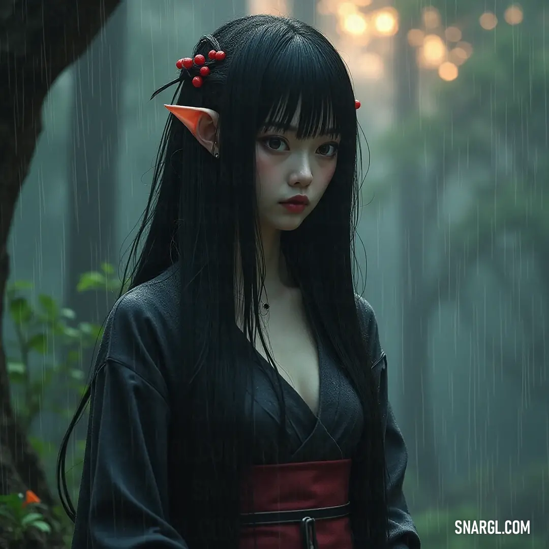 A striking figure adorned in a flowing red dress, standing gracefully amidst a serene rain, with long black hair cascading down and a radiant red bow complementing her vibrant look.