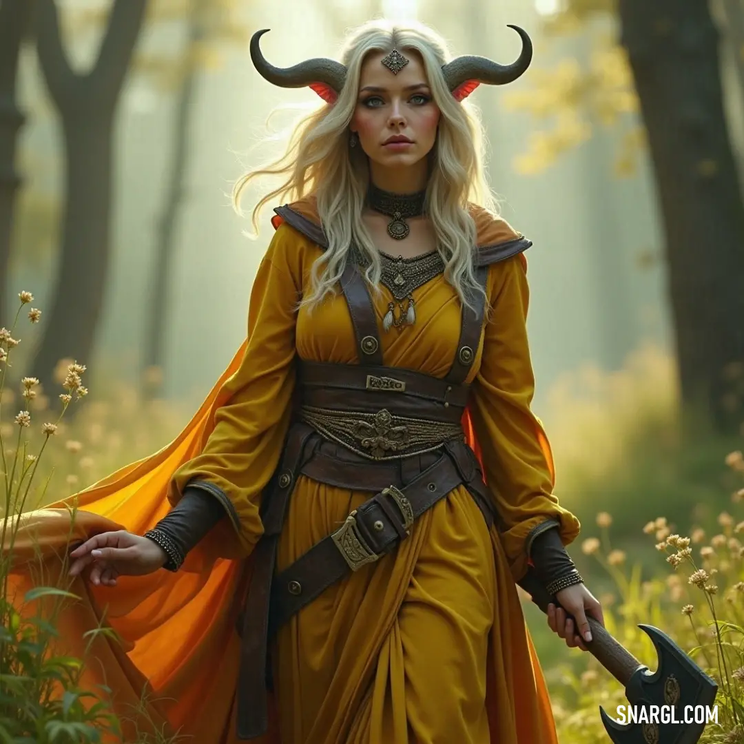 A powerful figure in a horned costume wields a colossal axe, standing boldly in a shadowed forest, evoking strength and a hint of danger within the wilderness's embrace. A formidable character clad in a fierce costume with horns, brandishing a large axe, stands defiantly in a shadowy forest, exuding strength and determination amidst the ancient, whispering trees of the mysterious wilderness.