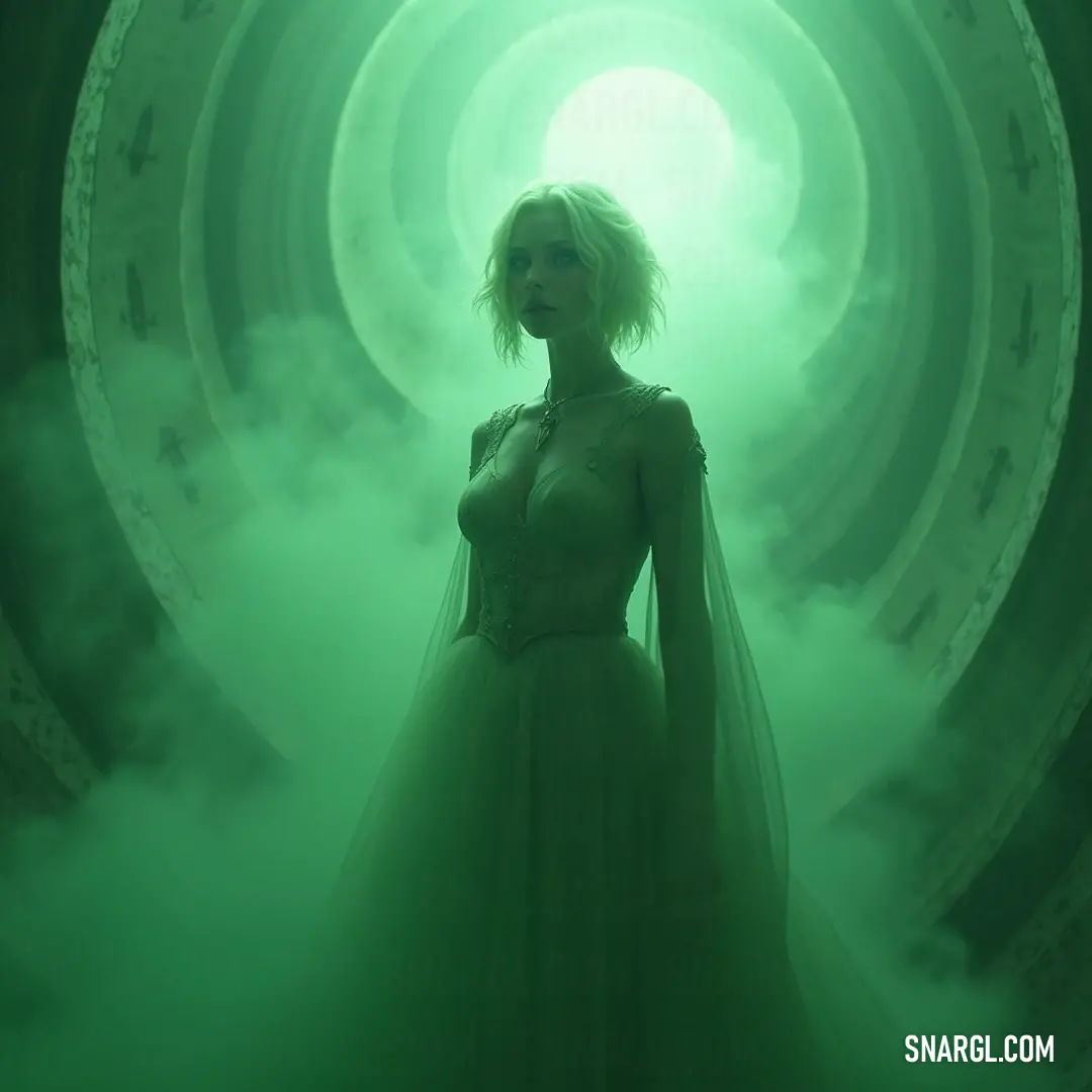 A captivating figure in green dress surrounded by a mystical tunnel of fog and smoke, radiating elegance. A mesmerizing figure in an elegant green dress stands within a swirling tunnel of smoke and fog, her arms gently clasped around her waist, as the mysterious atmosphere enhances her allure, creating an enchanting moment steeped in intrigue and elegance.