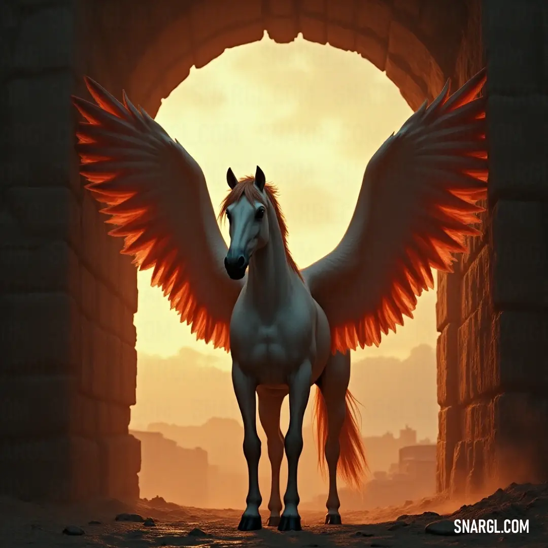 A striking Mistwing with its intricate wings poised in a doorway, bathed in the warm hues of a stunning sunset that paints the sky in vibrant oranges and pinks.