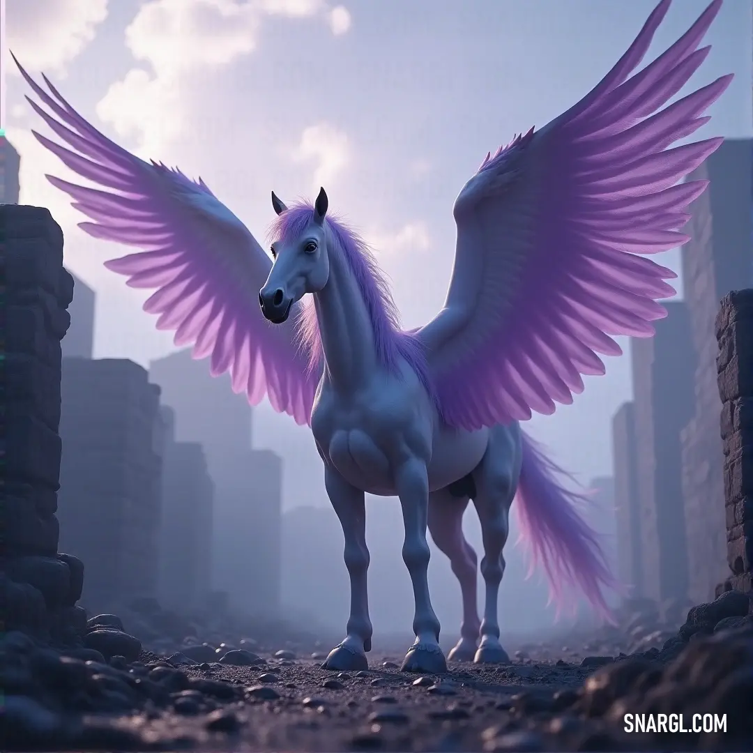 White Mistwing with pink wings standing among rocks, with a sprawling city visible in the distance. A beautiful white Mistwing with delicate pink wings stands in a rugged, rocky landscape, the skyline of a distant city stretching far into the horizon, juxtaposing nature's beauty with human-made grandeur.