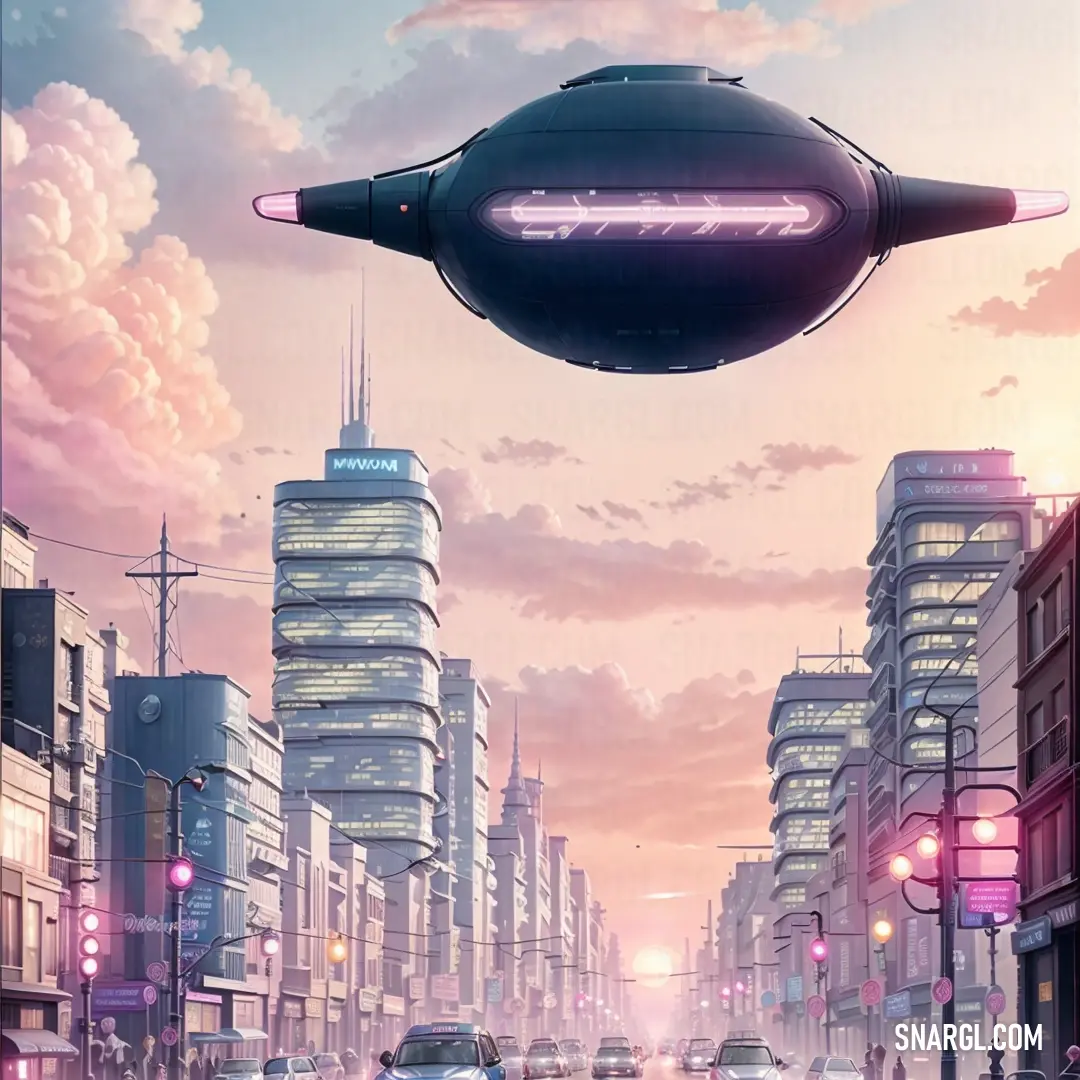 Futuristic city with a flying object above it's head and cars driving down the street in front of it