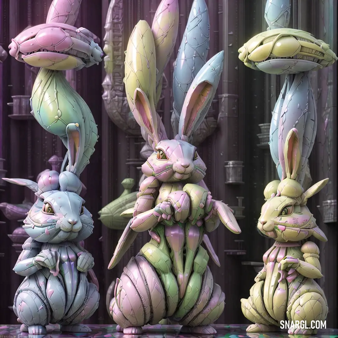 Group of three rabbits next to each other on a table next to a wall with a purple background