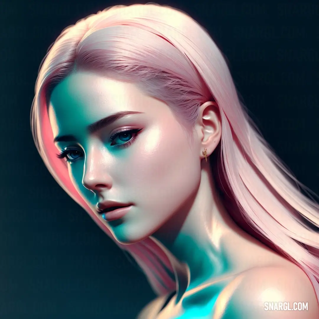 Woman with long pink hair and blue eyes is shown in this digital painting style photo of a woman with long pink hair