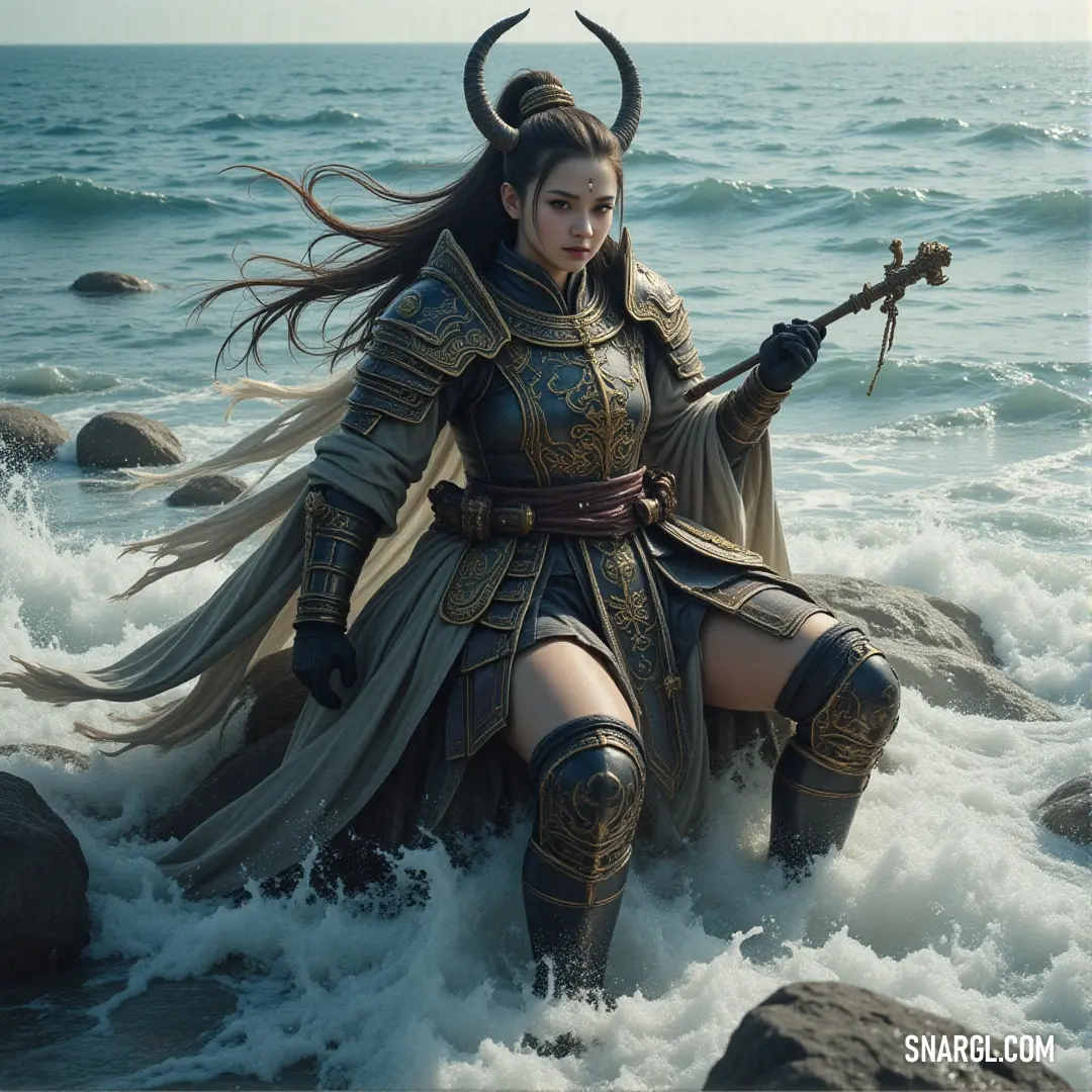 Miyuki stands tall on a rock amidst the wild ocean, her staff in hand and her costume billowing in the wind, symbolizing her resilience and connection to the natural world. Miyuki stands on a rugged rock in the ocean, her costume flowing in the wind as she grips a staff, the vastness of the sea stretching out around her under a sky filled with dramatic clouds.