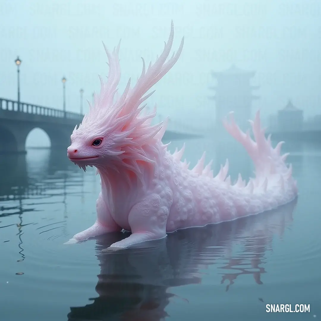 The serene White Mizuchi statue, gracefully buoyant in still waters, with an ancient bridge forming a picturesque backdrop steeped in history and myth. A serene White Mizuchi statue floats majestically on a tranquil water surface, with an ancient bridge gracefully arching in the backdrop, exuding a sense of peace and history.