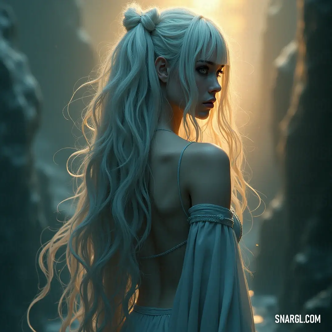 A serene entity with long blonde hair stands amid a sunlit forest, enveloped in divine light and surrounded by the tranquility of nature. In a sun-dappled forest, a graceful being with flowing blonde hair stands serenely, illuminated by soft beams of light filtering through the trees, casting a heavenly glow around her neck reminiscent of a halo.