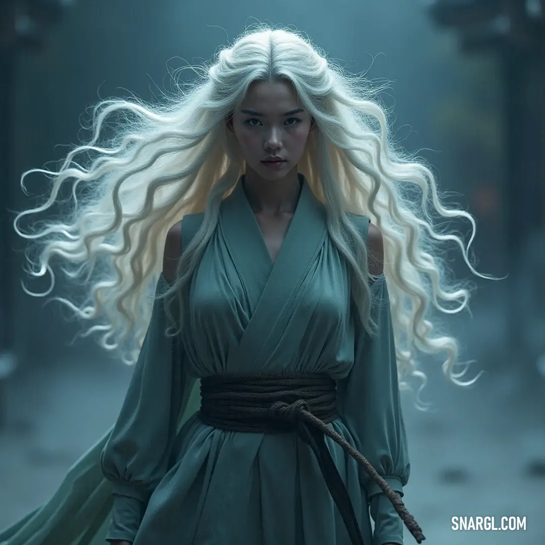 A determined young woman with long white hair and a flowing green dress strides confidently down a bustling street, wielding a sword that symbolizes her bravery and adventurous spirit. In the heart of the city, a young warrior with striking long white hair and a flowing green dress walks purposefully down the street, her hand gripping a sword. Her determined gaze tells a tale of bravery and adventure, seamlessly blending elegance with s