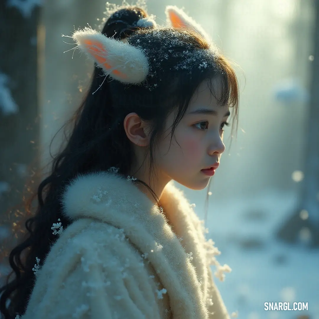 A playful girl with a fluffy tail and fur coat enjoys a snowy scene, where soft snowflakes rest on her hair, embodying the magic of winter. In a winter wonderland, a charming girl with a velvety furry tail and a plush fur coat playfully stands in a snowy landscape, as delicate snowflakes settle softly on her hair, showcasing the enchanting beauty of a frosty day.