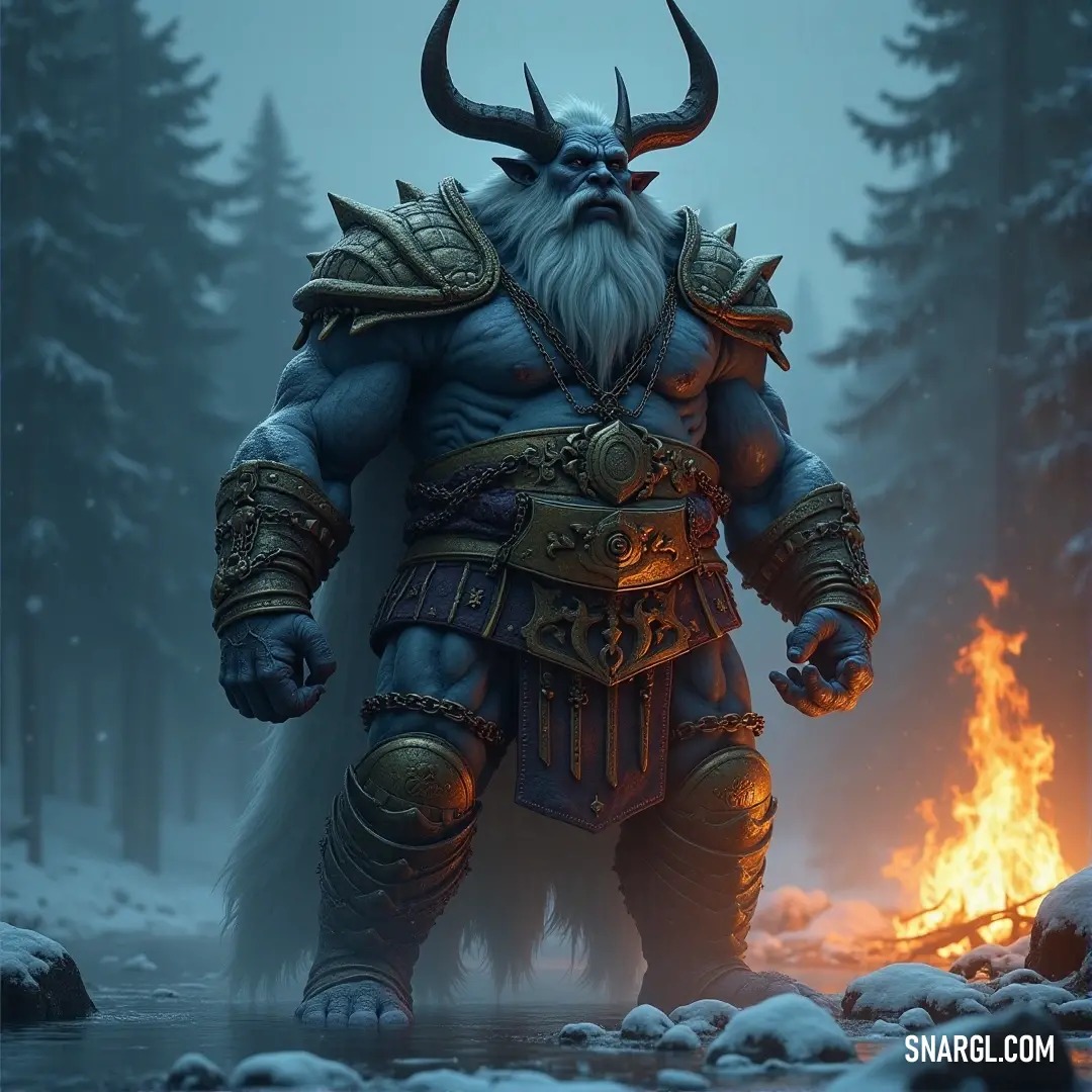 A horned, bearded figure stands before a roaring fire in a dark forest, surrounded by towering trees and jagged rocks, the warmth of the flames contrasting with the coldness of the wild, untamed wilderness around him.
