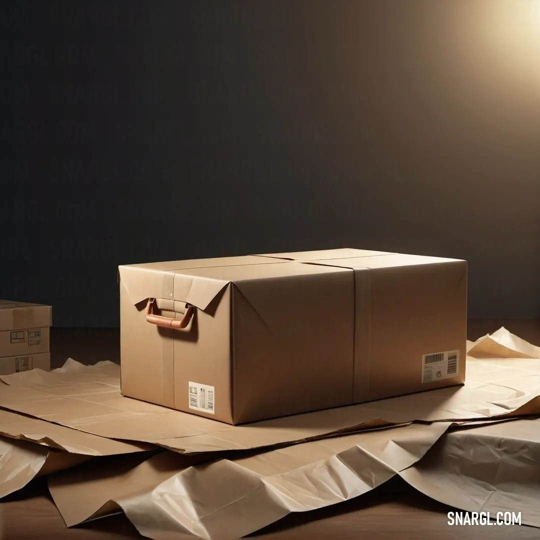 Box on top of a pile of paper on a table next to a lamp and a box. Example of RGB 250,235,215 color.