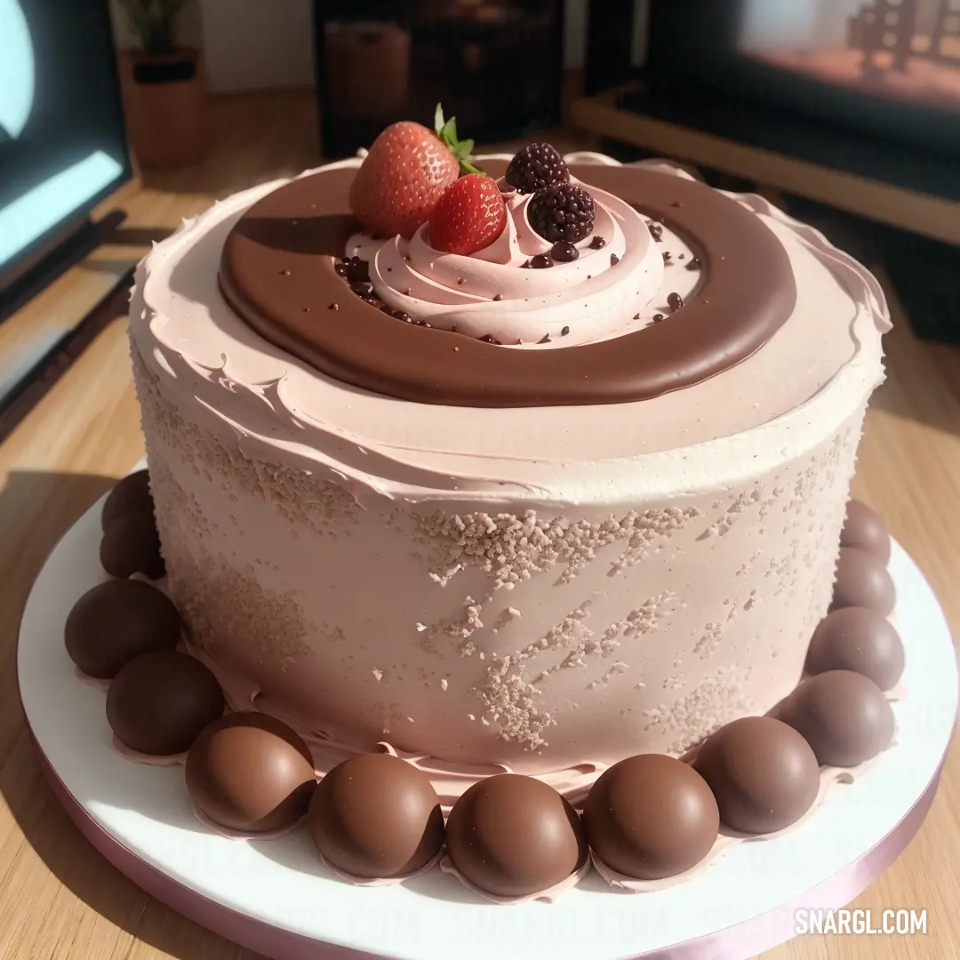 Cake with chocolate and strawberries on top of it on a plate on a table with a television in the background