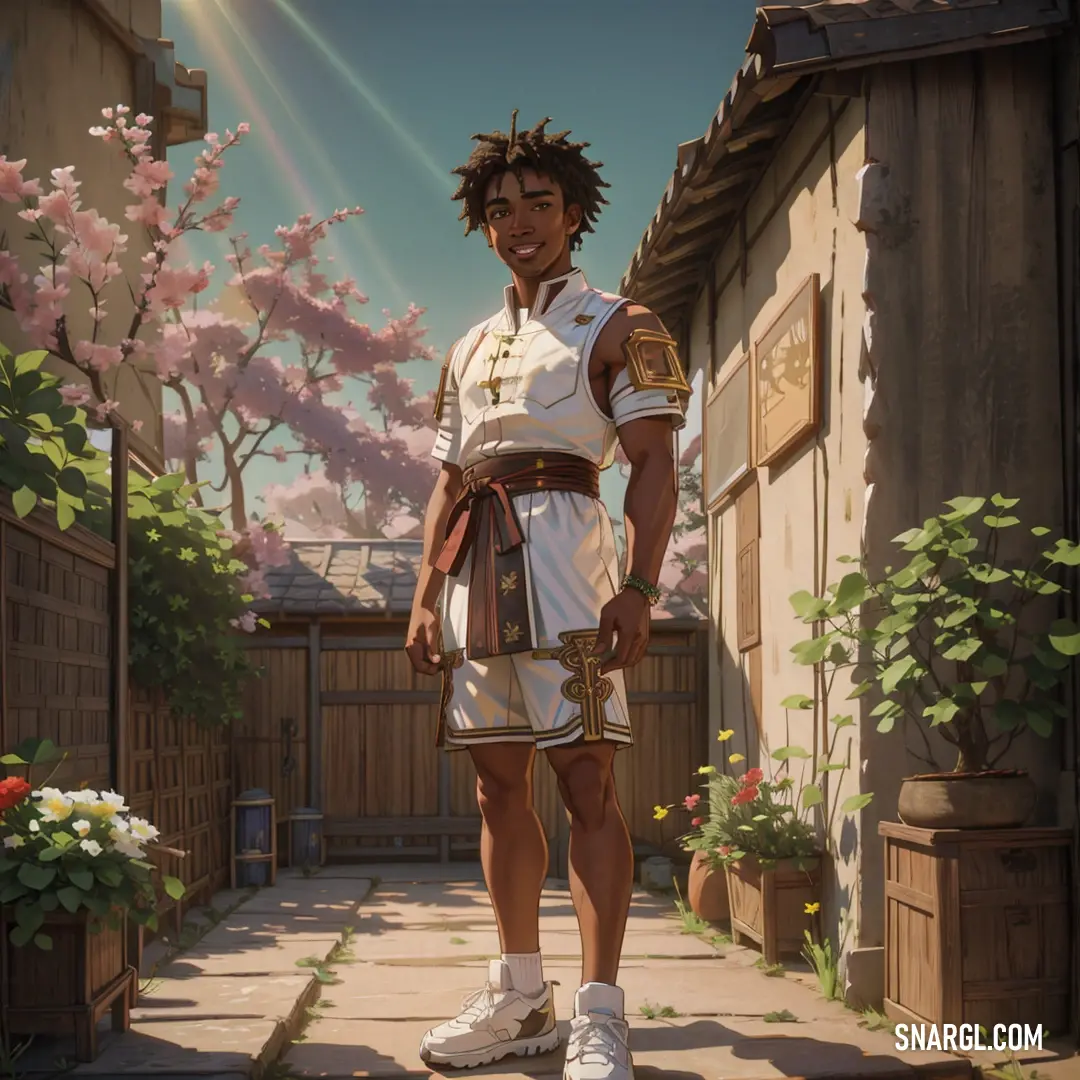 Man in a roman costume standing in a courtyard with flowers in the background. Color #FAEBD7.