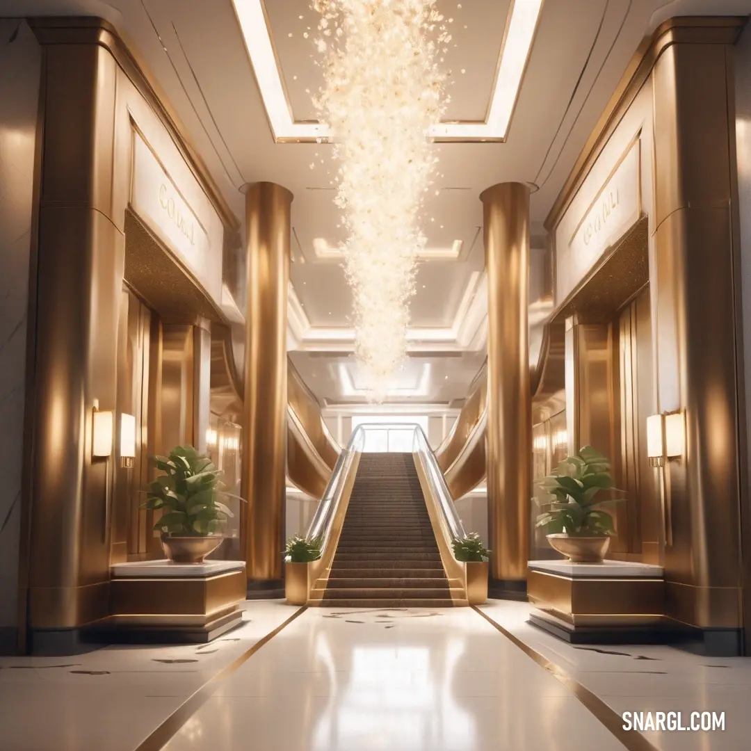 Very long hallway with a bunch of plants on the stairs and a chandelier hanging from the ceiling. Color #FAEBD7.