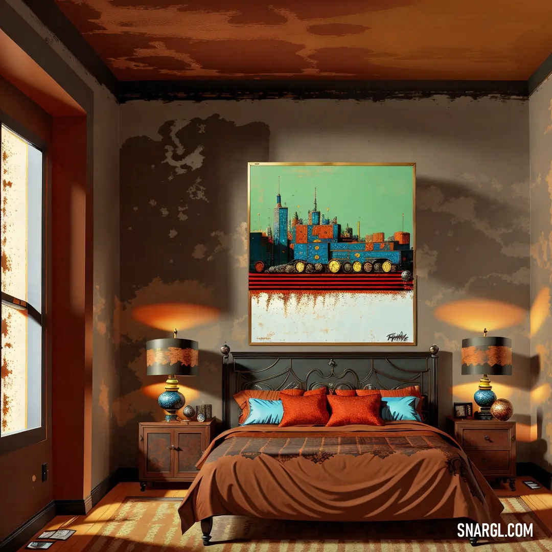 Bedroom with a painting on the wall and a bed with orange pillows and a brown blanket on the bed