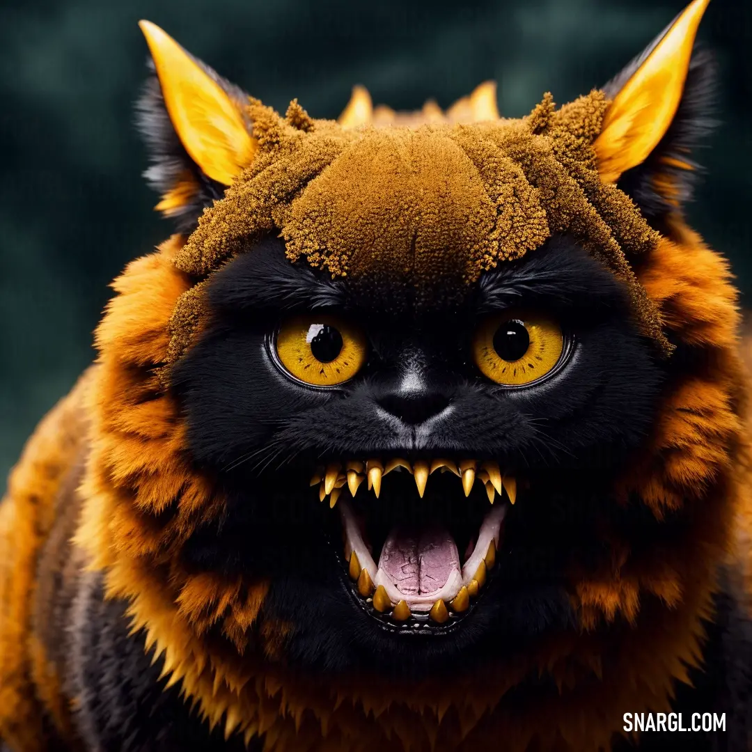 Close up of a cat with yellow eyes and a black face with yellow horns and yellow eyes