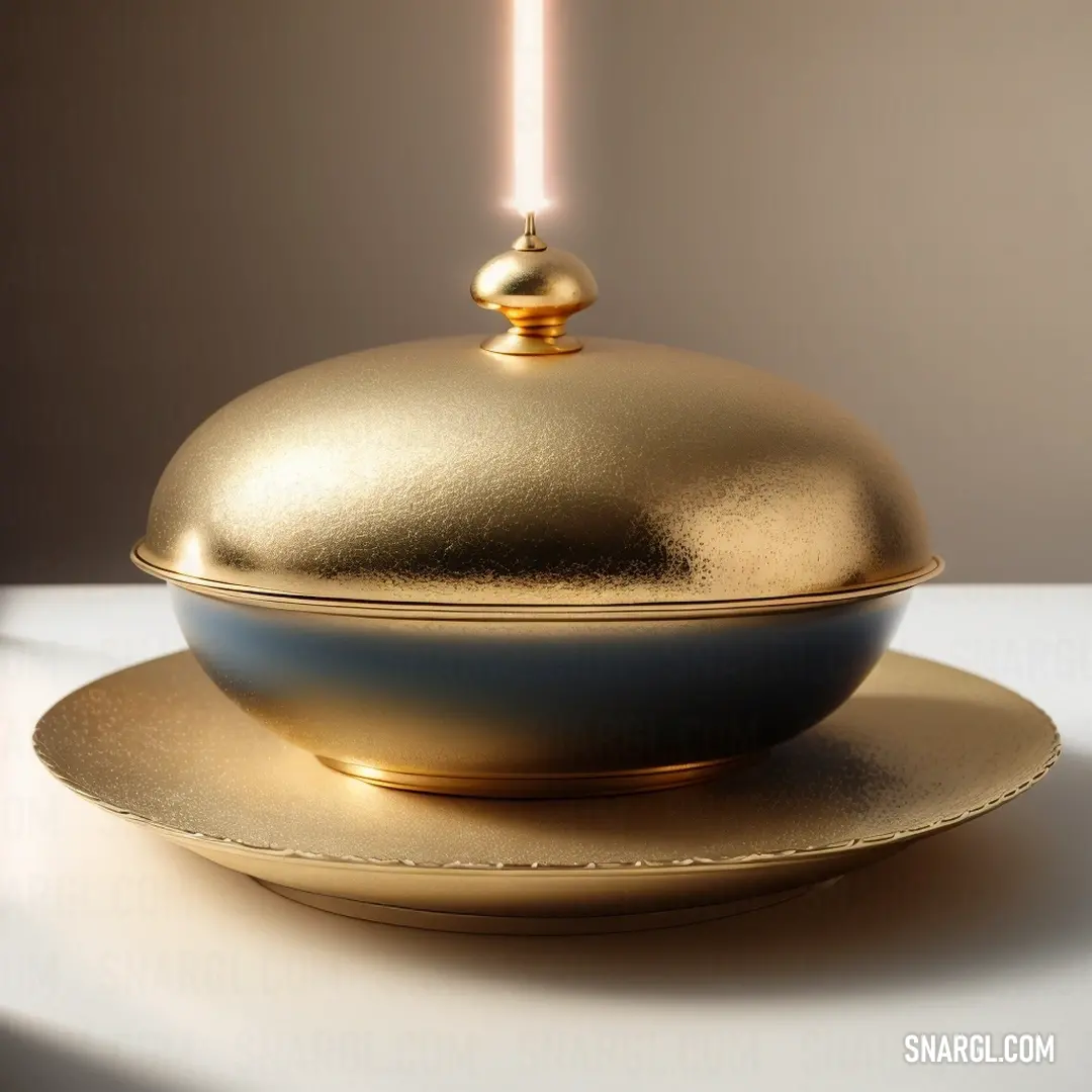 Golden plate with a golden lid and a candle on top of it