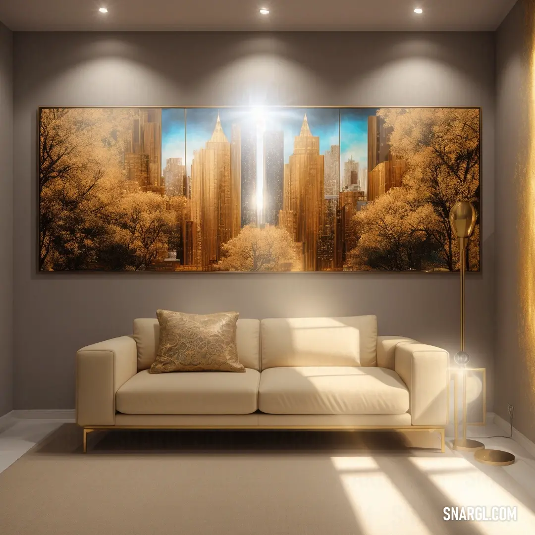 Living room with a couch and a painting on the wall above it that has a city scene on it
