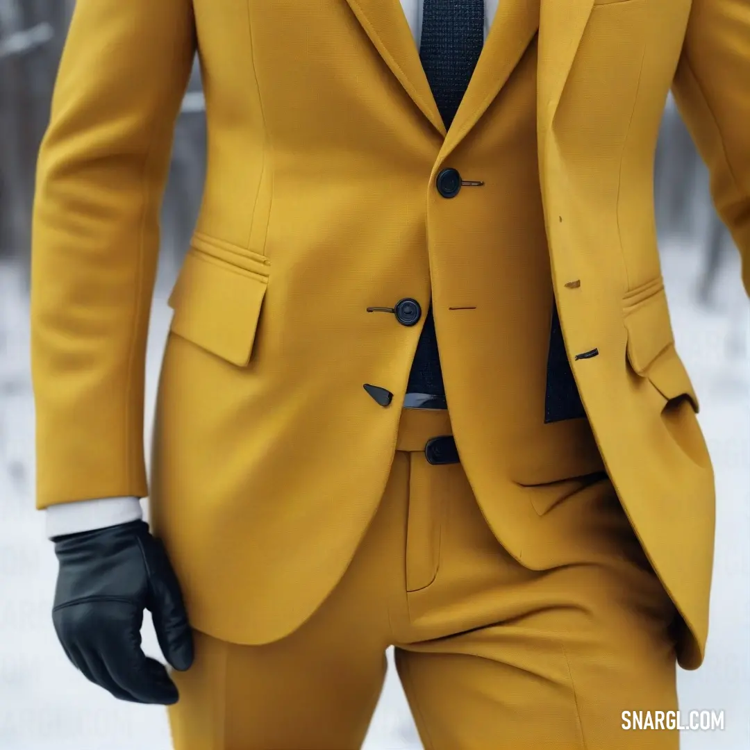 Man in a yellow suit and black gloves is wearing a black glove and a black hat. Example of RGB 150,113,23 color.