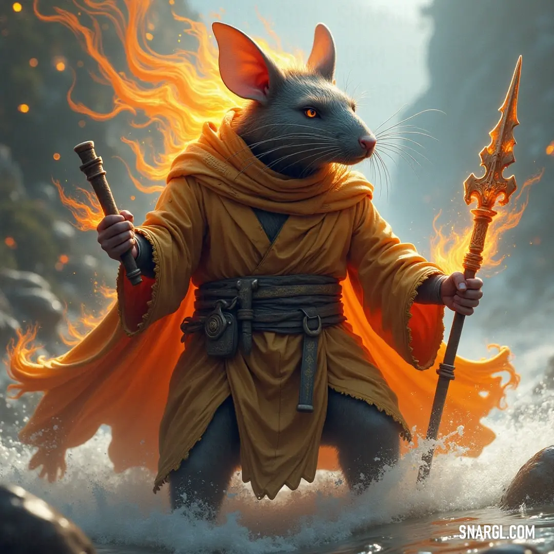 Mog, robed and armed with a sword, stands confidently in a pool of water. Flames roar behind him, casting an intense orange glow that contrasts with the calm of the water's surface.
